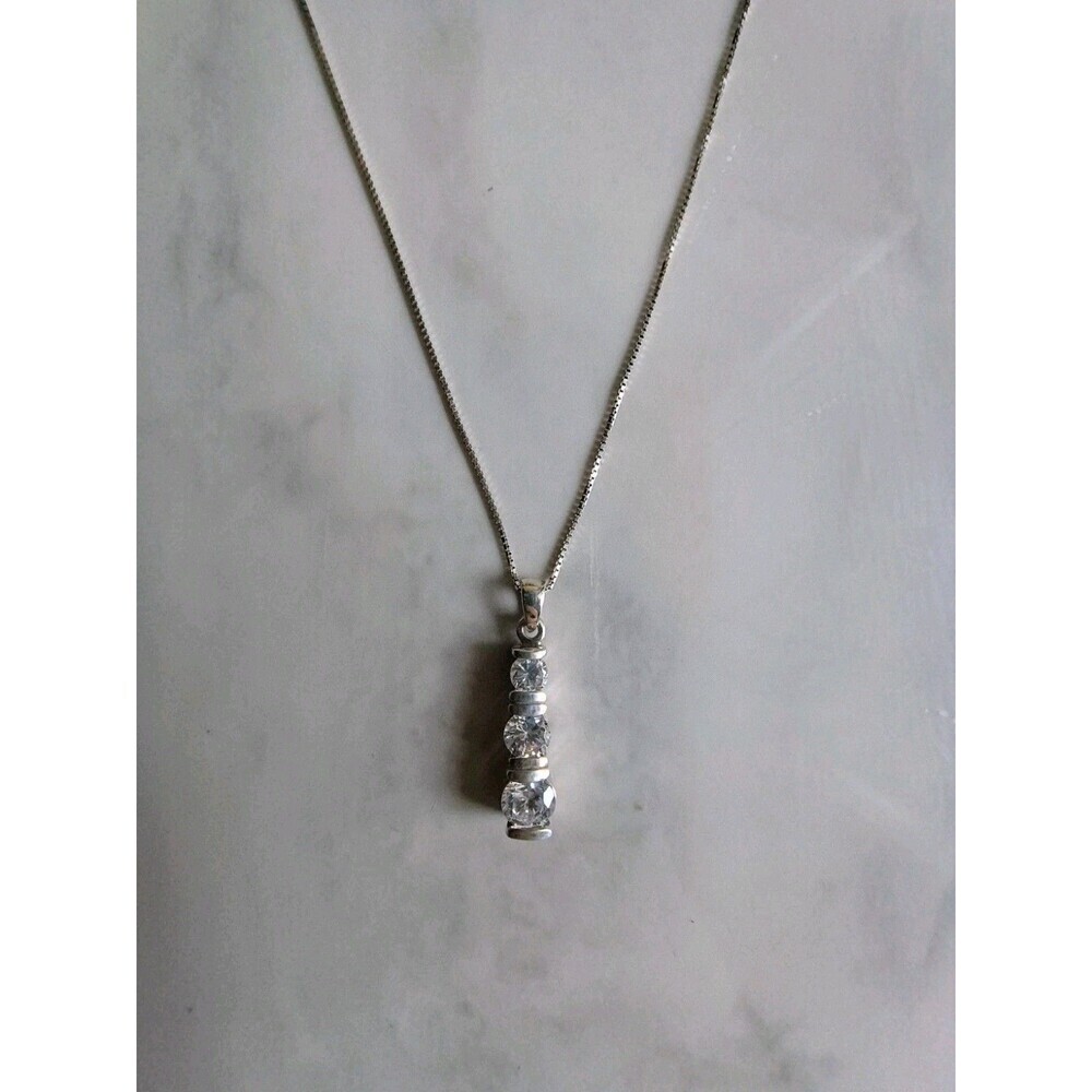 Vertical Bar Pendant 3 Simulated Diamond Sterling Silver Necklace W. Gold Plated